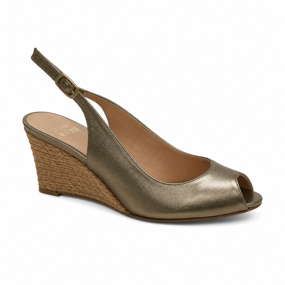 Stuart Weitzman Bronze Metallic Peep Toe Espadrille Wedge Sandals Size 7.5